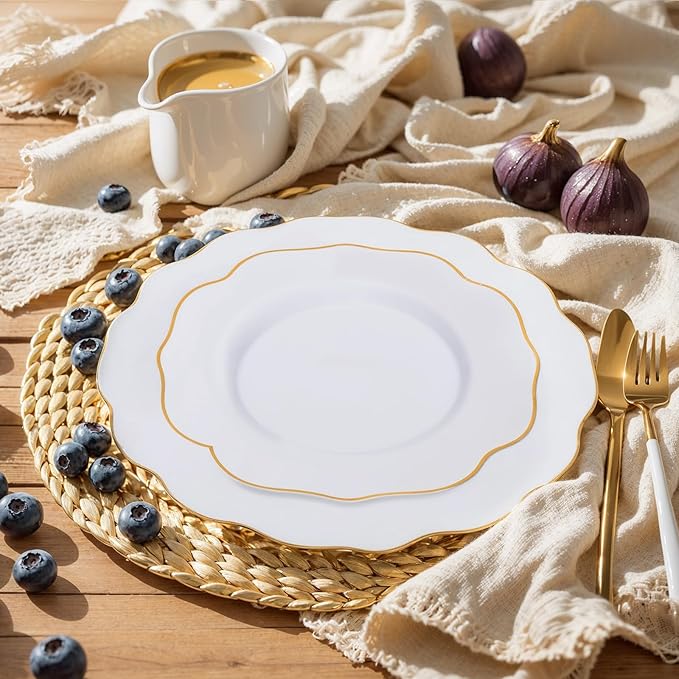 bUCLA 180PCS White and Gold Plastic Plates Disposable - White with Gold Rim Dinnerware Set Include 30 Guests Dinner & Dessert Plates, Cups, Cutlery Set for Wedding, Party & Thanksgiving Table Decor