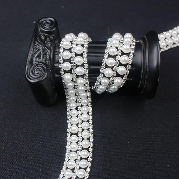 PEARLY JUN 1 Yard Pearl Rhinestone Trim Chain Silver Crystal Fringe Diamond Applique Ribbon String Tassel Strip for Sewing Wedding Dress Crafting Crafts Flower Embellishments