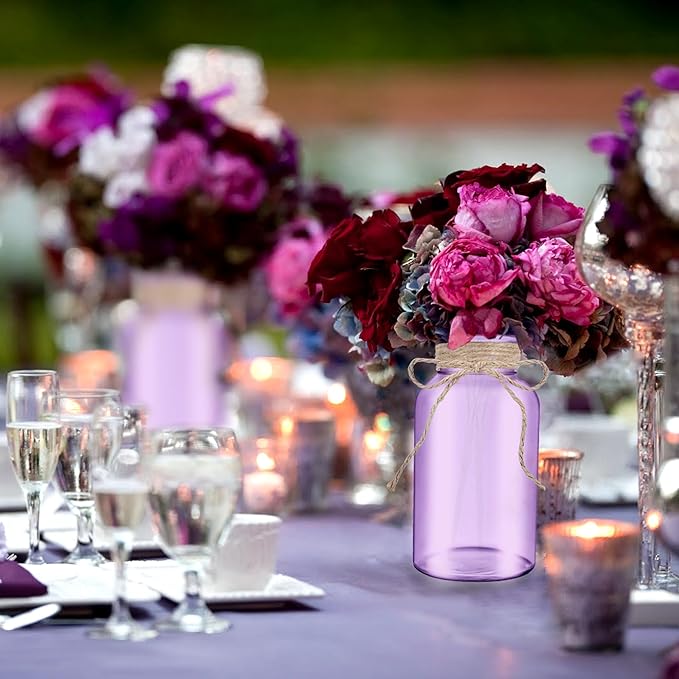 Vintage Glass Flower Vase，12 Pack Farmhouse Purple Glass Centerpiece Vases Mason Jars for Weddings, Parties & Home Decor Bulk (12, Purple)