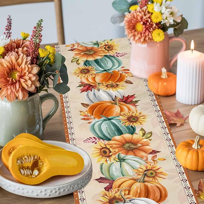 Fall Thanksgiving Southwest Cotton Linen Table Runner for Dining Kitchen, Orange Pumpkins Wedding Outdoor Party Rustic Tablerunners Decoration, Sunflower Dresser Scarf Tablecloth Runners 13x60 Inches