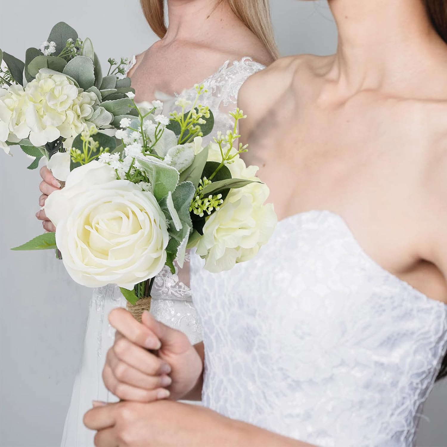 Bridesmaid Bouquets Set of 2 - Ivory White Artificial Flowers Bouquet for Bridesmaids Wedding Small Floral Centerpieces for Marriage Proposal Party Anniversary Dining Table Decor -7 Inch