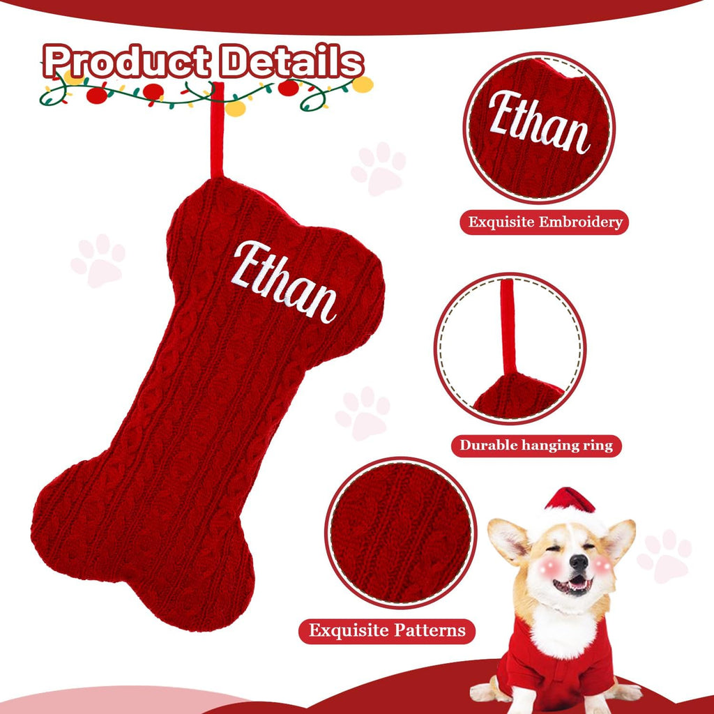 1Pc Personalized Dog Christmas Stockings, Custom Embroidered Name Pet Dog Stockings Christmas, Family Knitted Bone Xmas Stocking with Name for Dogs