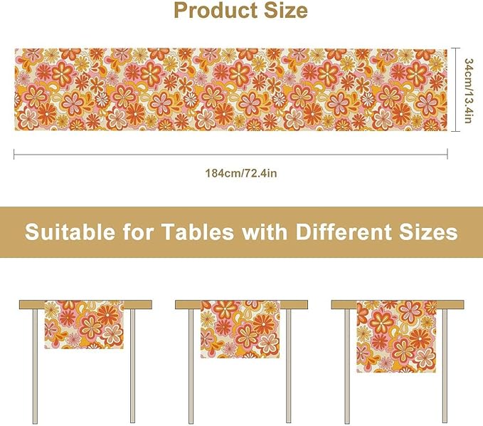 Vintage Floral Table Runner,70s Style Retro Daisies Flower Hippie Table Runner for Kitchen Dining Table Home Party Decoration 13x108 Inch