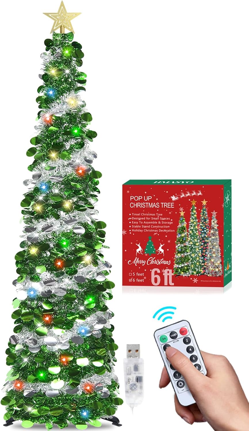 hmasyo 6 ft pop up tinsel christmas tree shown in use
