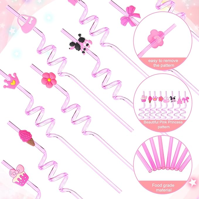 Yungyan 16 Sets Hot Pink Girl Party Favors Goodie Cups with Lids and Straws for Birthday Decorations Reusable 16oz Plastic Candy Cups Plastic Straws for Birthday Party (Pink Princess)