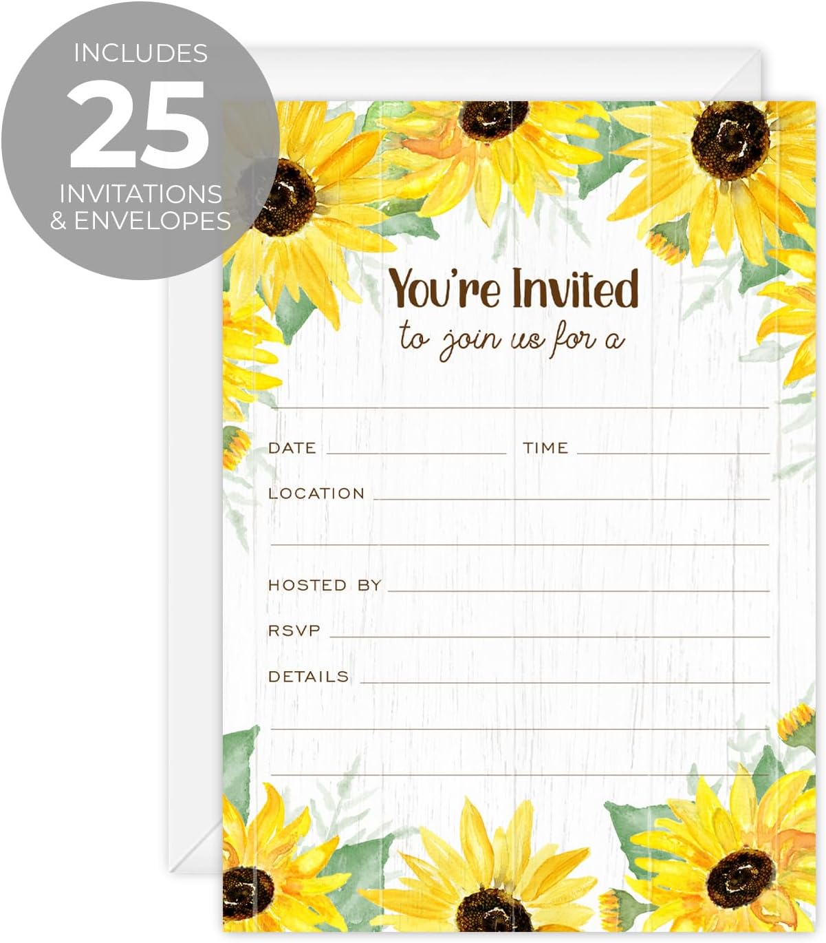 Canopy Street Sunflower Fill In Invitations / 25 Single Sided All Occasion Invites With White Envelopes / 5" x 7" Flat Rustic Floral Invite/Made In The USA