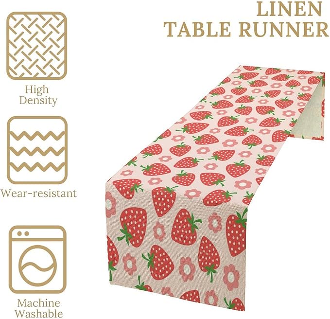 Strawberry Table Runner Spring Summer Fruit Pink Berry Forest Garden Dinner Runner for Girl Baby Shower Party Holiday Home Kitchen Dining Table Decor 13x108