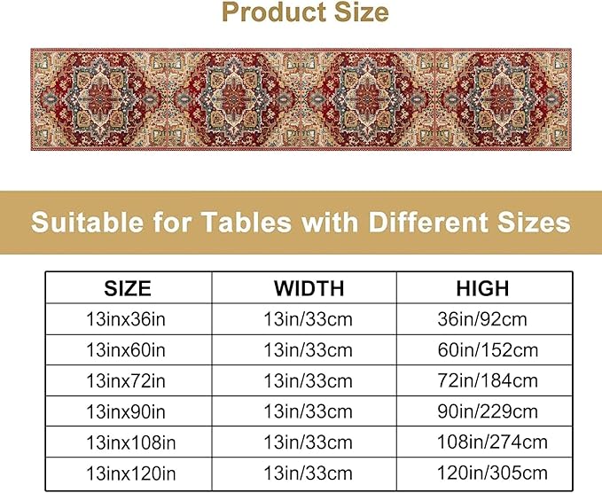 Boho Bohemia Style Table Runner, Vintage Red Brown Retro Flower Rustic Country Style Floral Print Pattern for Home Kitchen Table Decor Dining Coffee Room Garden Party Decor 13x90in