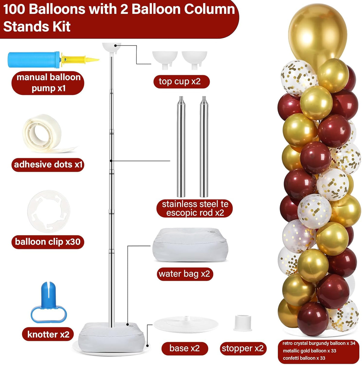 2 Sets Adjustable Balloon Column Stand Kit with Bases（Burgundy Red Gold）