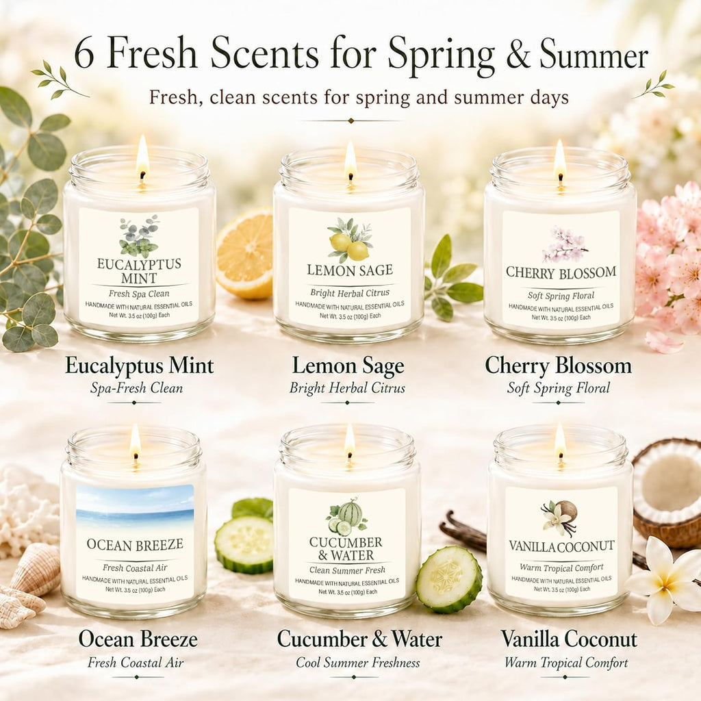 Spring & Summer Scented Candles Set, 6 Pack Soy Candles for Home, 21 oz Aromatherapy Candle Gift Set for Women, Mom, Birthday & Housewarming Gifts, Eucalyptus Mint & Vanilla Coconut