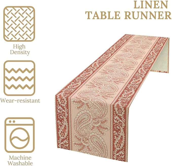 Pink Paisley Table Runner, Abstract Vintage Boho Paisley Flowers Leaves Print Table Runner for Home Kitchen Dining Room Wedding Party Decor, 13x108inch