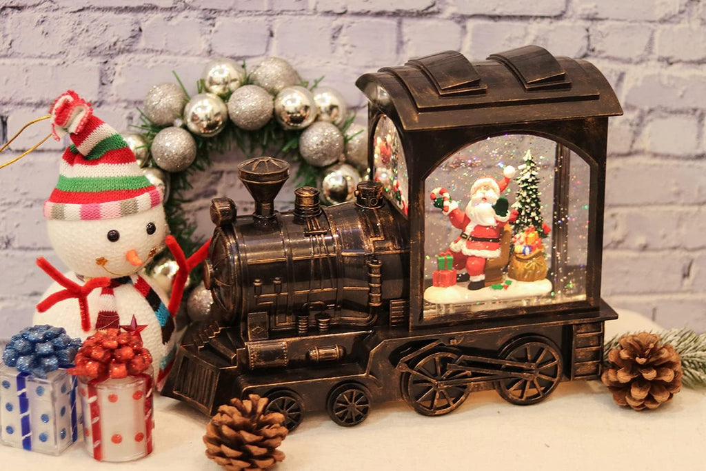 Christmas Musical Snow Globe Lantern Battery Operated with 6 Hour Timer, Santa Lighted Snow Globe Train Spinning Water Swirling Glitter Christmas Decoration Gifts(10.6 x 4.3 x 8.3 Inches)