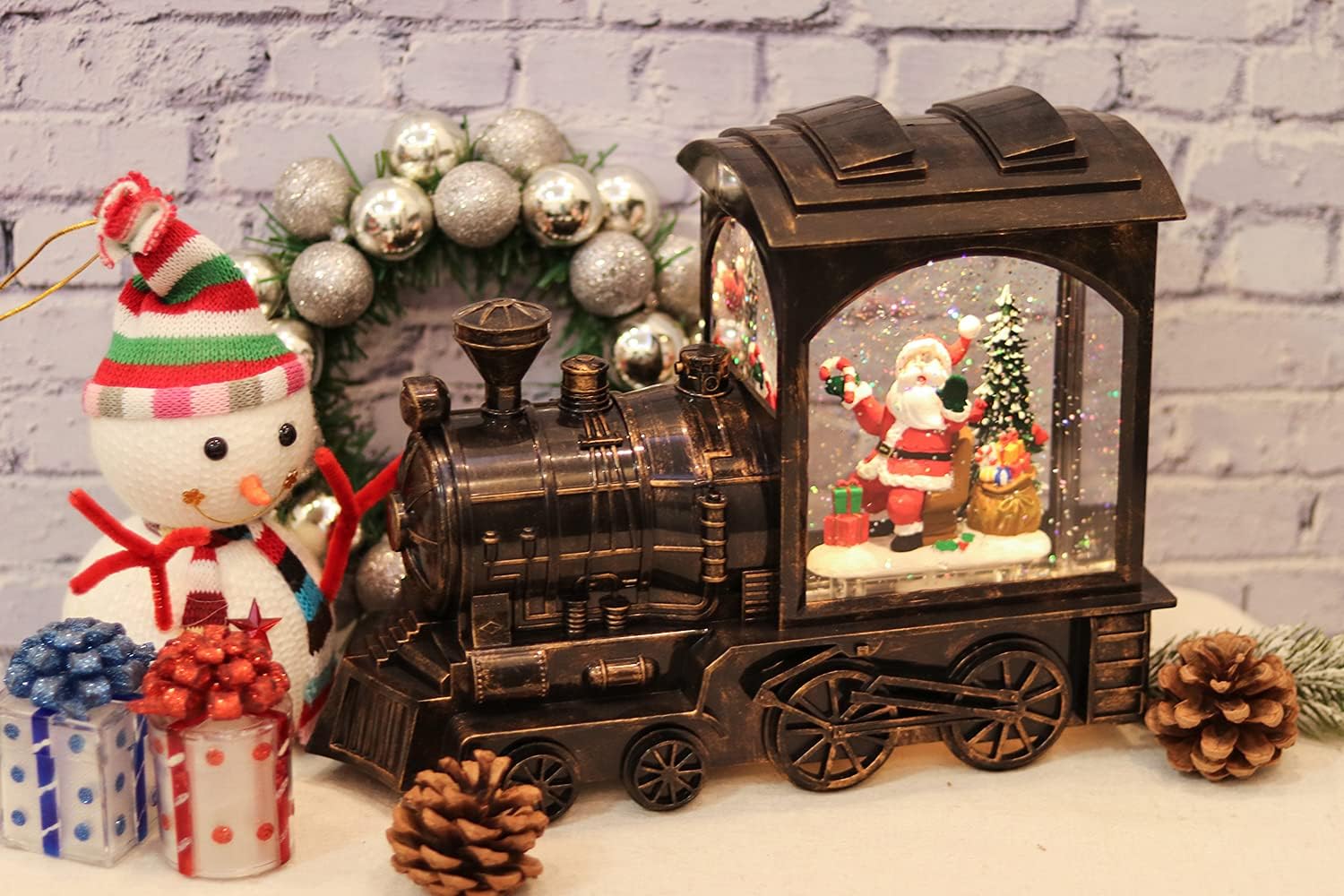 Christmas Musical Snow Globe Lantern Battery Operated with 6 Hour Timer, Santa Lighted Snow Globe Train Spinning Water Swirling Glitter Christmas Decoration Gifts(10.6 x 4.3 x 8.3 Inches)