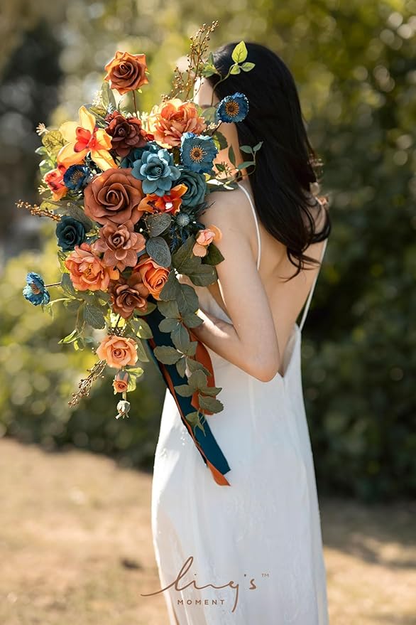 Ling's moment Teal Bridal Bouquet Cascading, Burnt Orange Wedding Bouquets for Bride, 13 Inch Terracotta Rust Fall Artificial Wedding Flower Bouquet