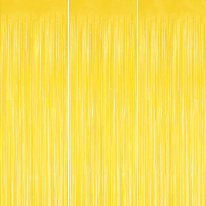 3 Pack Foil Fringe Backdrop - Pastel Yellow Shiny Tinsel Curtains for Party Decoration/Photo Booth Props - 3.3x8.2 FT Metallic Foil Backdrop for Birthday, Wedding, Graduation, Christmas.