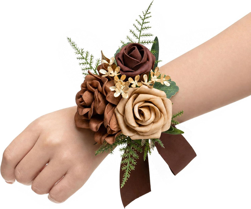 Ling's moment 6pcs Corsage Wristlet, Fall Wedding Decor, Walnut Brown | Girl/Mother/Women, Homecoming Prom, Graduation Party, Wrist Band Décor, with Ribbon, Artificial Flowers, Sand Beige