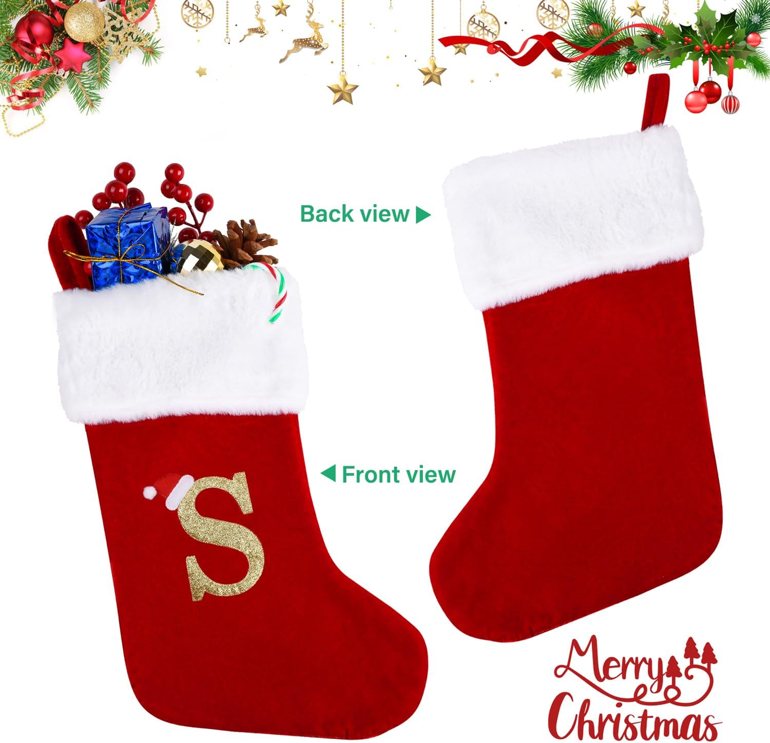 20 Inches Monogram Christmas Stockings with Letters, Large Super Soft Christmas Stockings Red Velvet with White Super Soft Plush Cuff for Christmas Xmas Tree Holiday Fireplace (S)