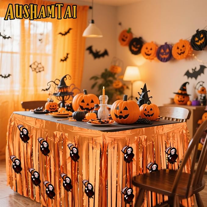 28x106 Inch Orange Sequin Tablecloth for Halloween Decorations, Metallic Tinsel Foil Fringe Table Skirt, Rectangle or Round Tables Decor, Table Cover, Skull Decorations for Halloween Party