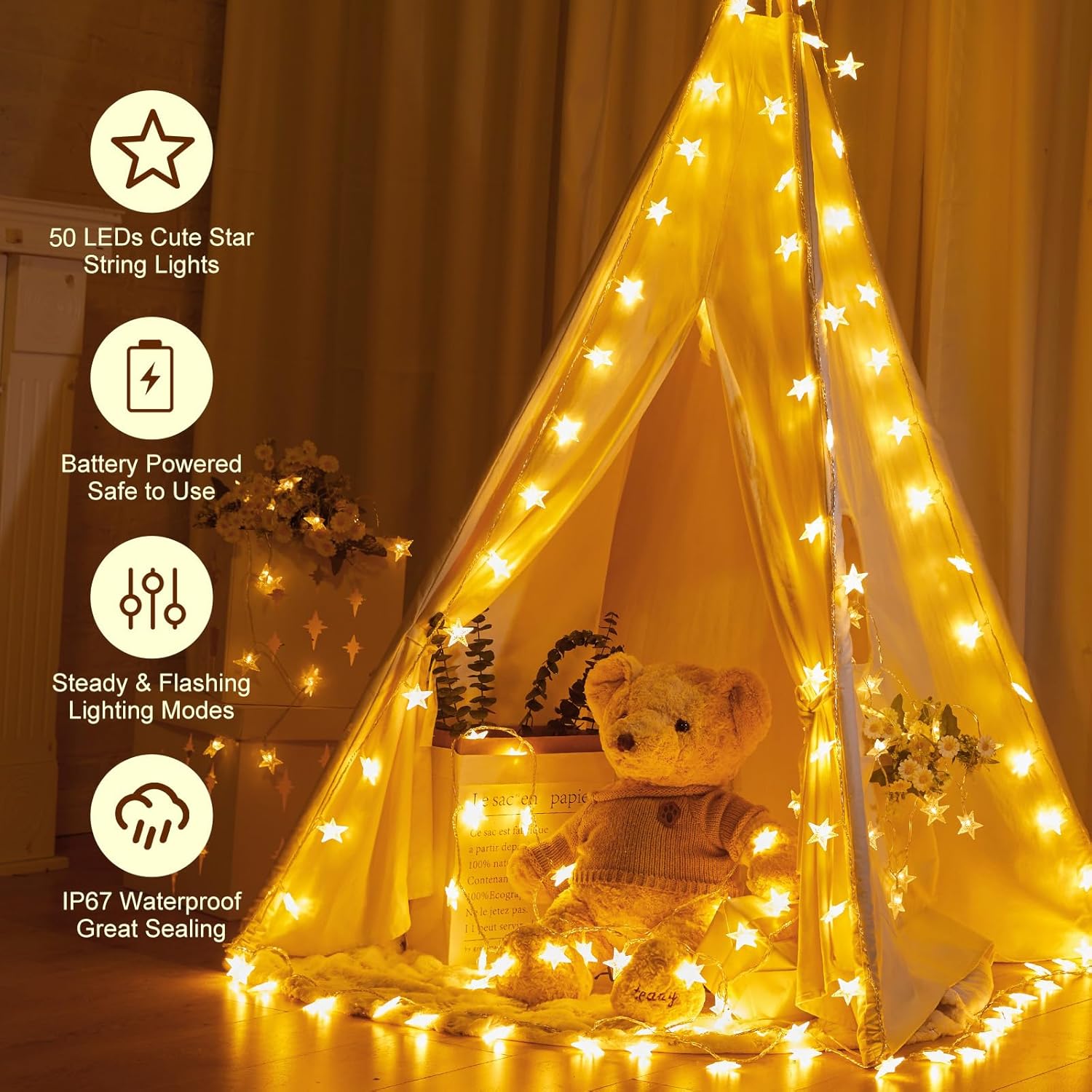 Minetom Star String Lights Battery Operated - 17 ft 50 LED Star Fairy String Lights with Timer, Waterproof for Indoor Bedroom Tent Loft Bed Patio Party Wedding Ramadan Decorations, Warm White