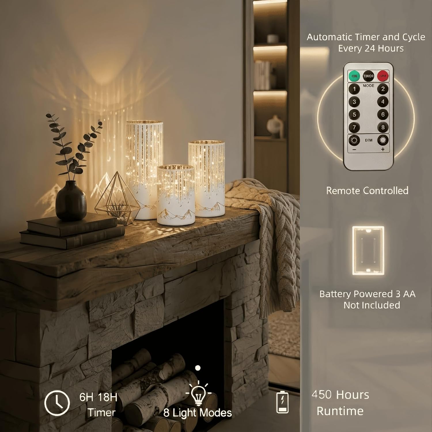 Starry Night Hurricane Candleholders with Warm LED Lights & Remote Timer, Elegant Twinkling Decorative Centerpieces for Wedding, Dining Table, Living Room, Mantel Décor, Set of 3 (White)