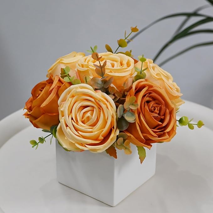 LADADA Artificial Roses in White Ceramic Vase, Orange and Cream Fake Flowers with Eucalyptus Stems, Faux Floral Arrangement for Home Decor, Table Centerpiece for Dining Table, Kitchen, Office