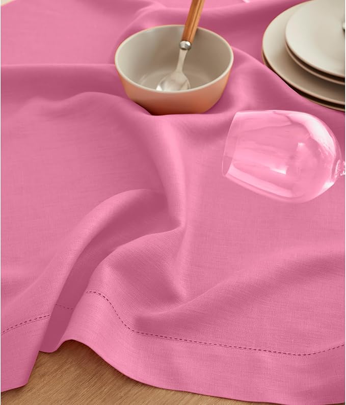 Solino Home Linen Flamingo Pink Hemstitch Table Runner 60 Inches - 100% Pure Linen Small Table Runner 14 x 60 Inch Ideal for Dresser and Coffee Tables - Classic Hemstitch, Halloween