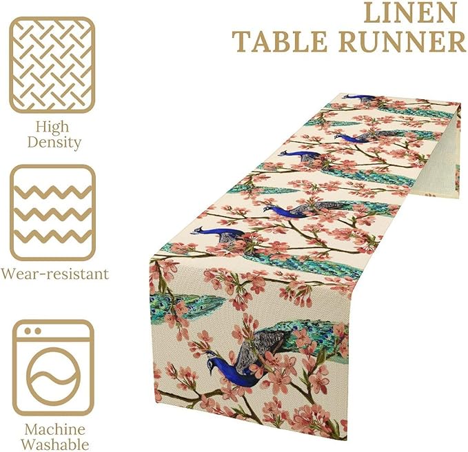 Peacock Table Runner,Spring Floral Peacock Birds Table Runner for Home Kitchen Dining Party Indoor Outdoor Decoration 13x90 Inch