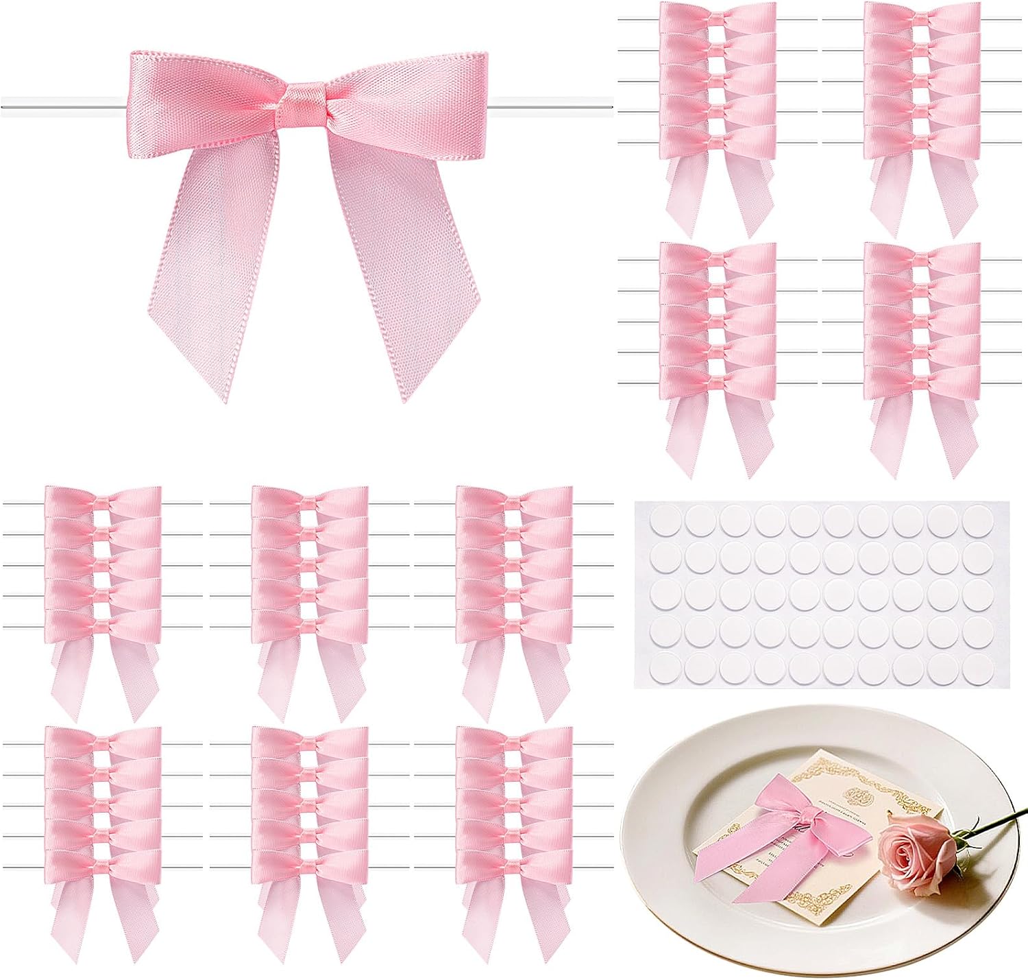50 Pcs Pink Mini Bows 2.75 Inch Twist Tie Bows, Pink Bows for Gift Wrapping | Satin Ribbon Bows for DIY Crafts, Party Decorations, Baby Shower, Birthday, Wedding Decor, Gift Bags