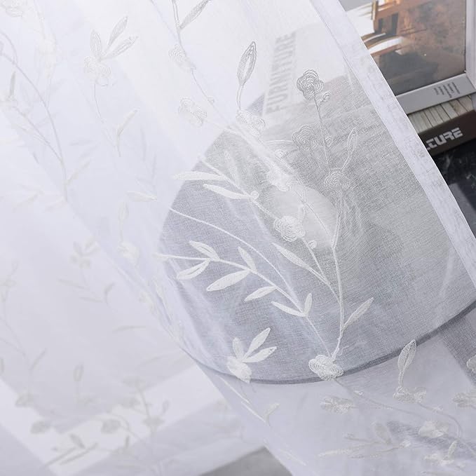 White Sheer Curtains Embroidery 63 Inch Length Rod Pocket Voile Drapes for Living room, Bedroom, Window Treatments Semi Flower Pattern Curtain Panels for Kitchen, Yard, Farmhouse, Set of 2, 52"x 63".