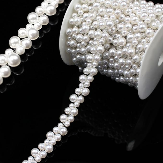 1 Yard Pearl Trim Chain String Silver Applique Fringe Ribbon Strips Beads Sewing Dress DIY Party Wedding Bouquet for Decoration Bridal Costume Embellishment