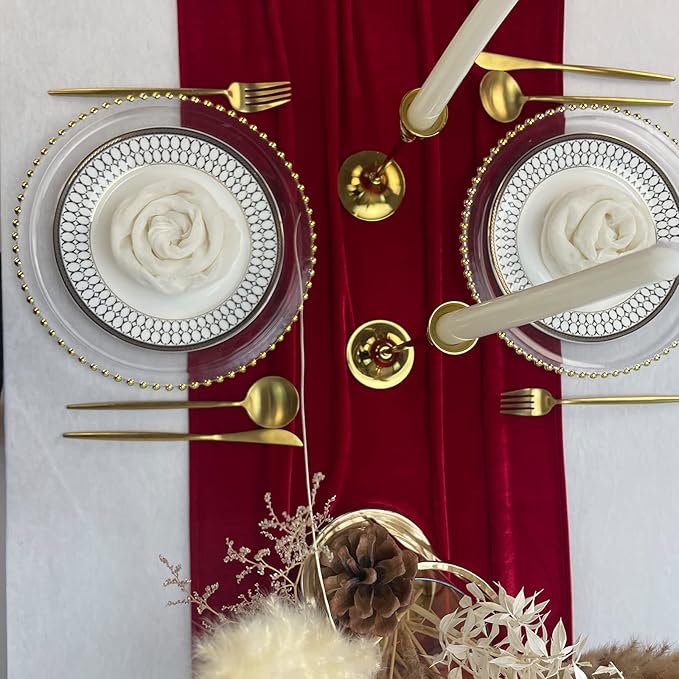 Velvet Table Runner, 10ft Luxurious Wedding Reception Decorations Soft Velvet Fabric Table Linen Overlay for Party (20 x 120 inch, Red)