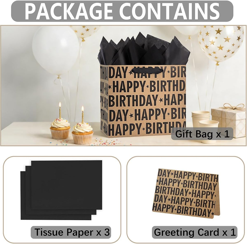 Yusenguan 13" Kraft Birthday Gift Bag with Tissue Paper and Greeting Card, Black Happy Birthday Lettering Design Gift Paper Bag for Men, Women, Kids (Black)