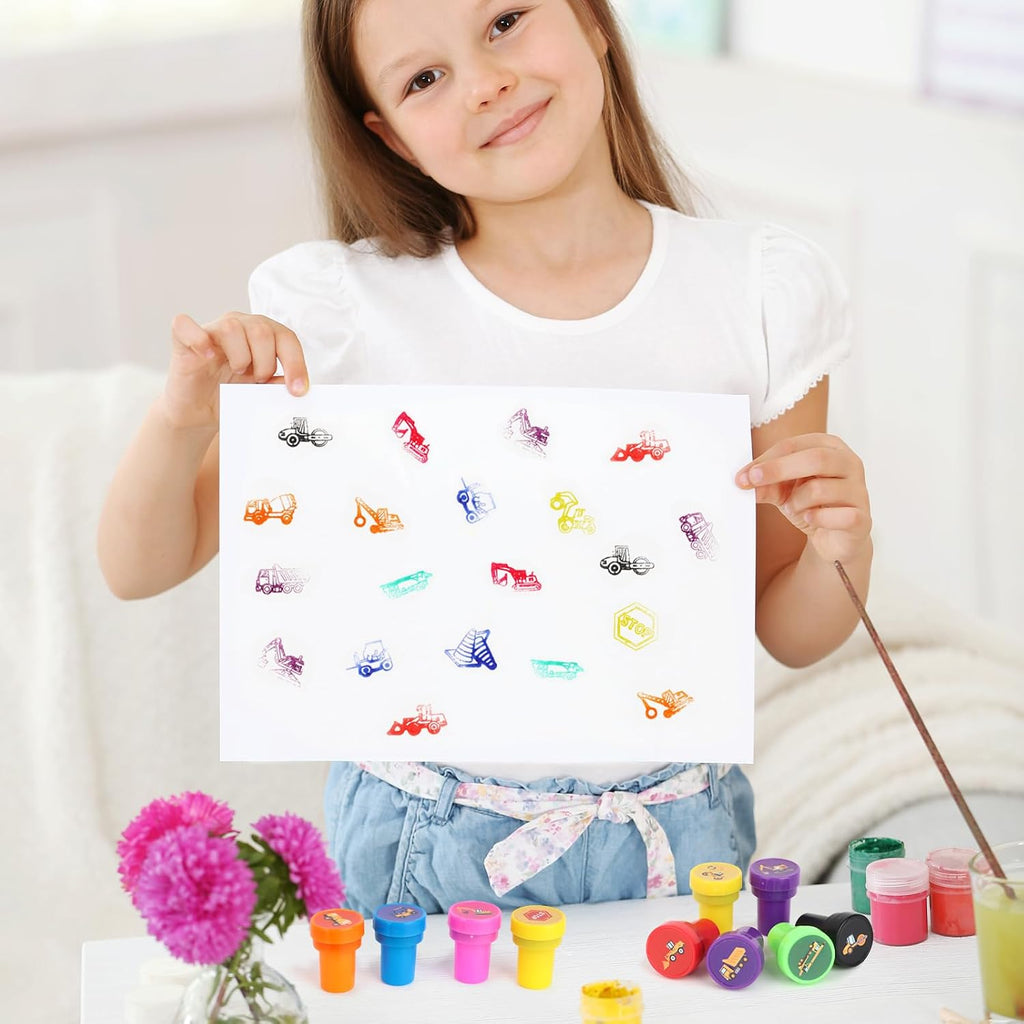 Hxezoc 24 Pieces Construction Truck Print Stamp, Mini Colorful Self Inking Stamps Party Favors Assorted Stamp Set for Classroom Party Educational Learning Activities Supplies