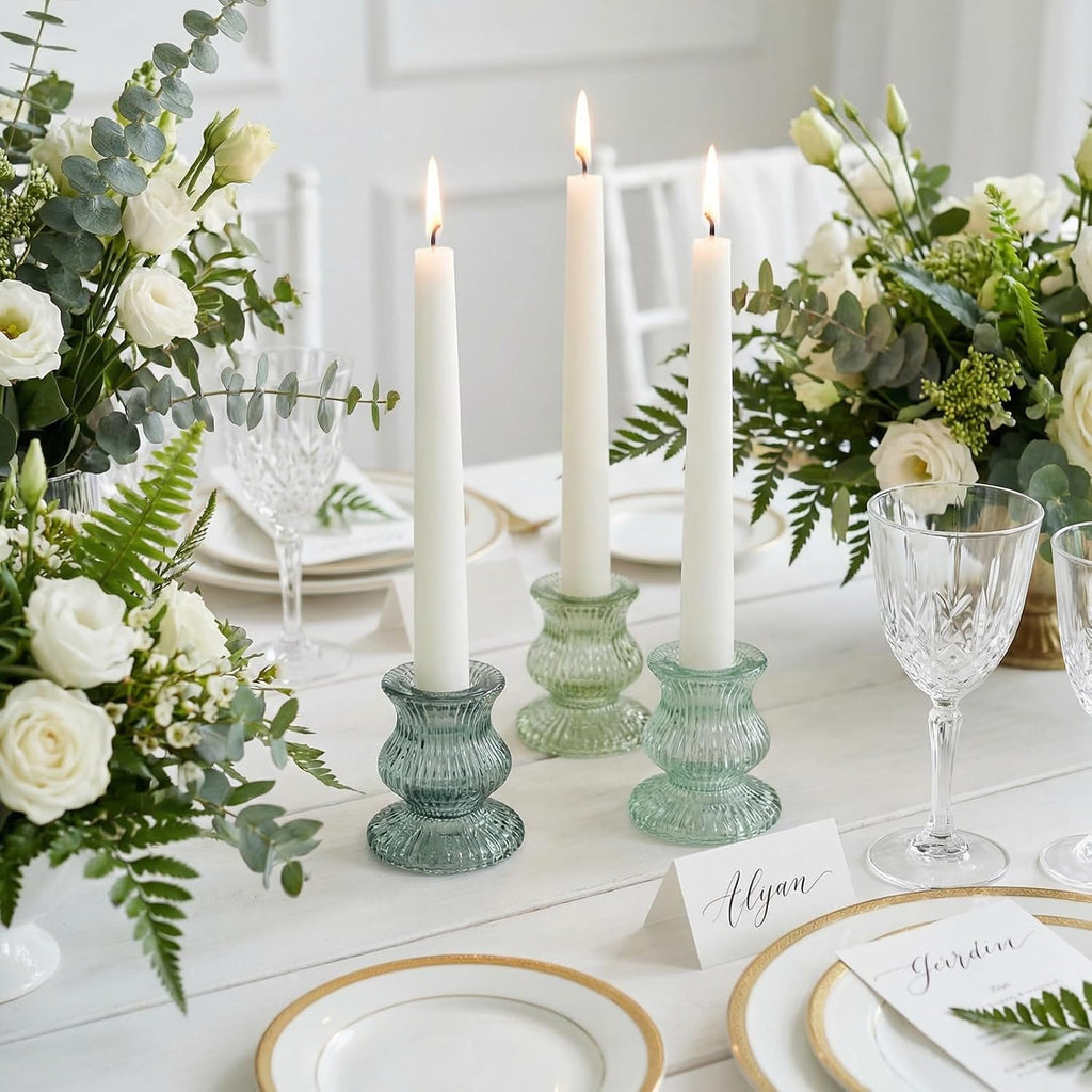 Green Glass Candle Holders 12 Pcs, Ribbed Taper Candle Holders Bulk, Vintage Candlestick Holders for Sage Green Wedding Centerpieces, Christmas Table Decor, Party & Easter Home Decor