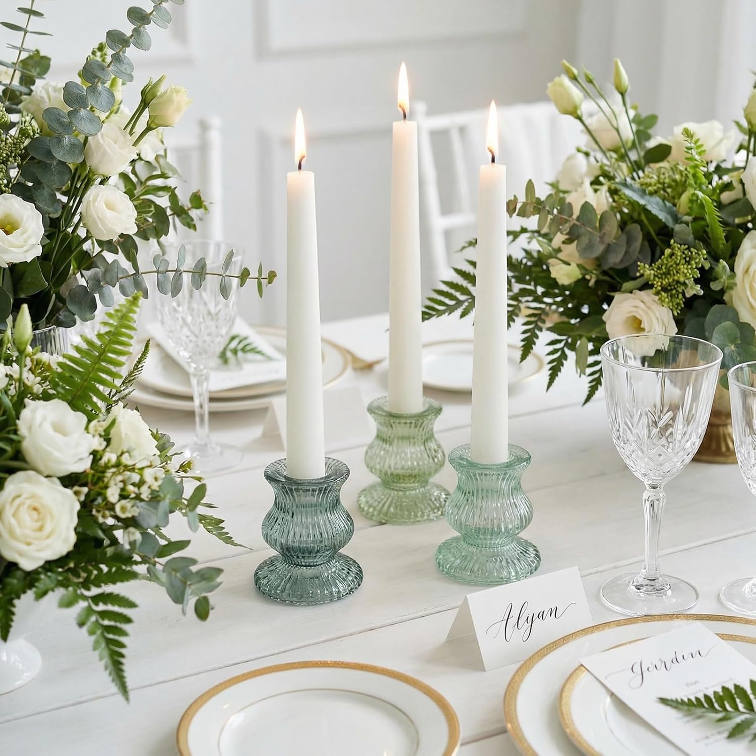 Green Glass Candle Holders 12 Pcs, Ribbed Taper Candle Holders Bulk, Vintage Candlestick Holders for Sage Green Wedding Centerpieces, Christmas Table Decor, Party & Easter Home Decor