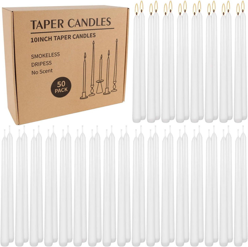 WPONSZU 50 Pack White Taper Candles, 7-8 Hours Burn Time, Unscented, Smokeless and Dripless, 4/5 x 10 Inch for Christmas,Household,Dinner,Wedding,Valentine's Day,Party and Home Décor Candlesticks