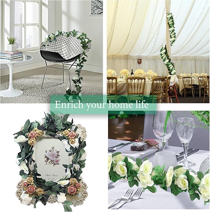 4 Pack Artificial Rose Vine Garland Fake Roses Flowers Plants Vines Hanging Floral Leaves Decoration for Wedding Party Table Garden Arch Wall Home Room Decor(White)