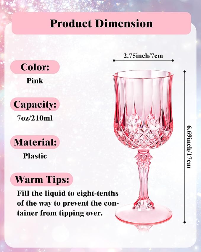 Ciaell 24PCS Pink Plastic Wine Glasses - 7 Oz Plastic Goblets for Party - Pink Vintage Drinking Glasses - Disposable Water Goblets Set for Wedding, Bar, Wine, Beer, Juice, Cocktail, Whiskey