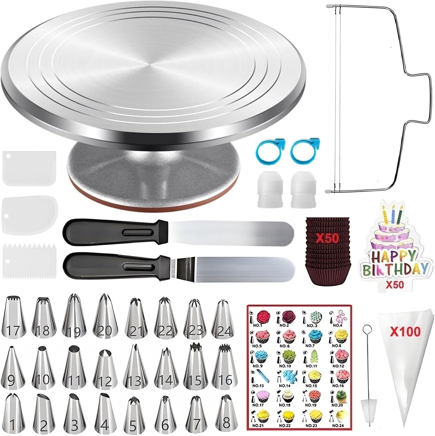 ANSLYQA Cake Decorating Kit, 237 Pcs Baking Tools | Aluminium Cake Turntable, Leveler, 24 Numbered Icing Tips, 2 Spatulas, 3 Scrapers, 50 Cupcake Liners, 100 Pastry Bags & More