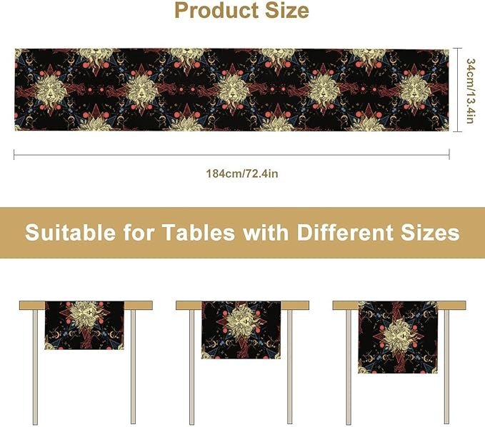 Boho Moon Lion Table Runner, Chinese Fish Phase of The Moon Sun Moon Table Runner for Kitchen Dining Table Home Party,13x36 Inch Black Red