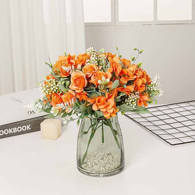 Artificial Flower 5 Branches Artificial Silk Fake Flowers Bouquet Small Roses for Wedding Home Office Tables Decor 2 Packs(Orange)