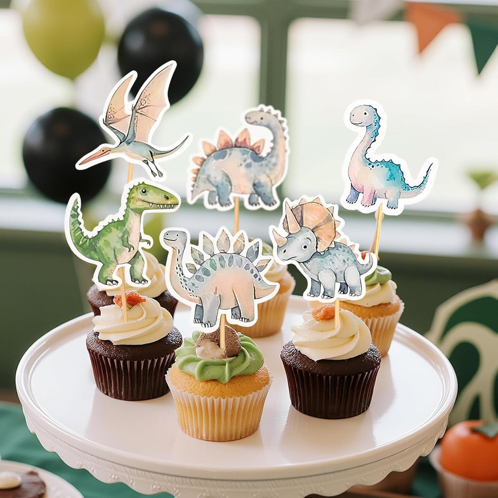 24 PCS Dinosaur Cupcake Toppers, Dinosaur Cake Toppers Decorations Dino Cupcake Picks Party Supplies for Kids Dinosaur Theme Birthday Party Baby Shower (Dino Cupcake Toppers) (Green) (Light Blue)