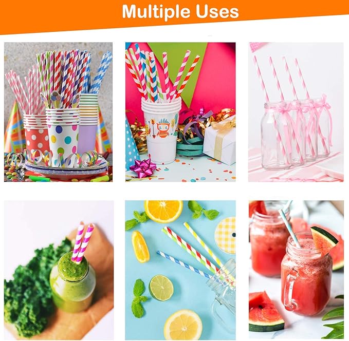 Weemium Paper Straws Disposable - 200 Pack - Durable & Non-Soggy Striped Paper Straws for Drinking in 10 Colors - 100% Biodegradable & Eco-Friendly for Parties, Events, Crafts & Everyday Use