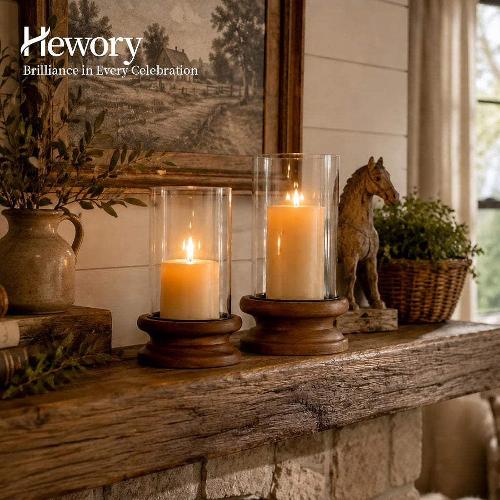 Hewory Hurricane Glass Candle Holder: 2PCS Rustic Brown Candle Holders for Pillar Candles, Vintage Decorative Wood Stand with Clear Glass Cover for Weddings Christmas Table Centerpiece Home Decor