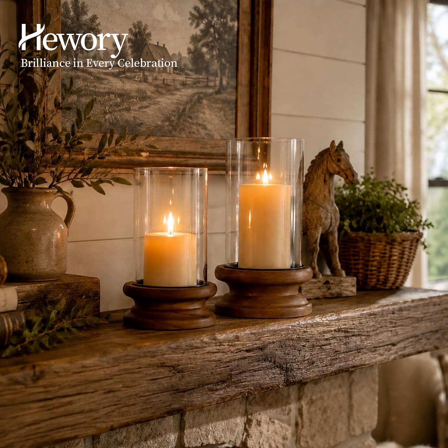 Hewory Hurricane Glass Candle Holder: 2PCS Rustic Brown Candle Holders for Pillar Candles, Vintage Decorative Wood Stand with Clear Glass Cover for Weddings Christmas Table Centerpiece Home Decor