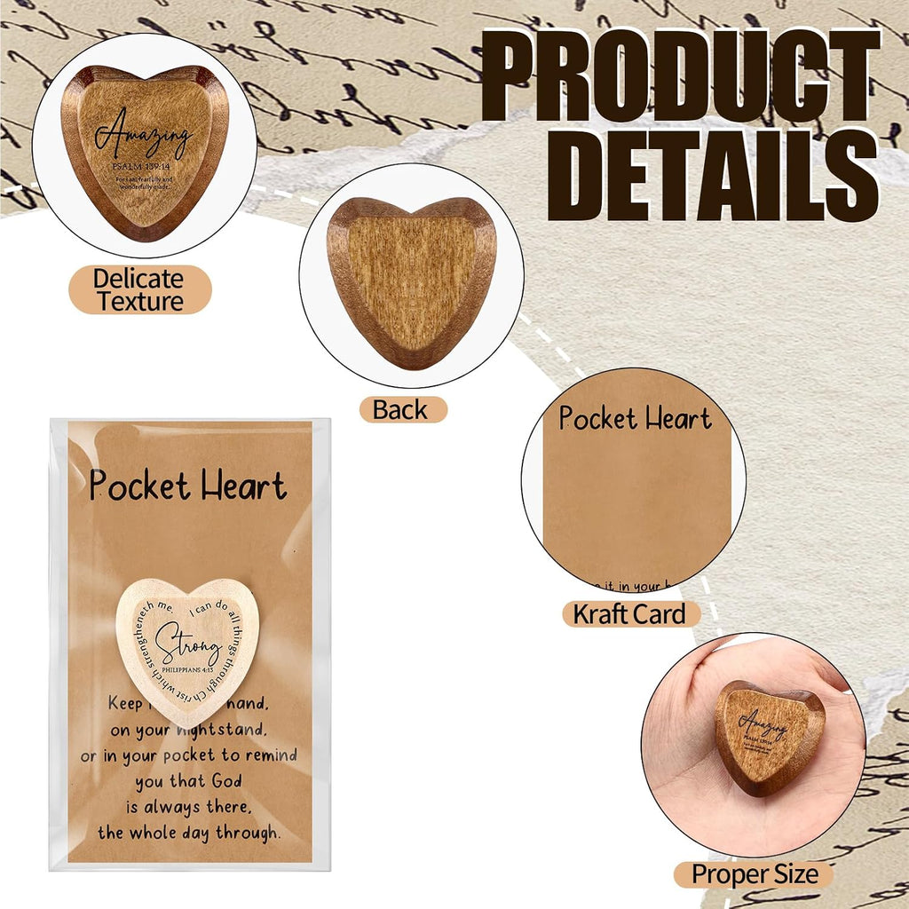 Yalikop 24 Set Christian Pocket Hearts Gifts Bulk Back to School Religious Wooden Heart Tokens with Inspirational Bible Verses Cards Gift for Mom Dad Friends Volunteer Church Gifts(Heart,Multicolor)