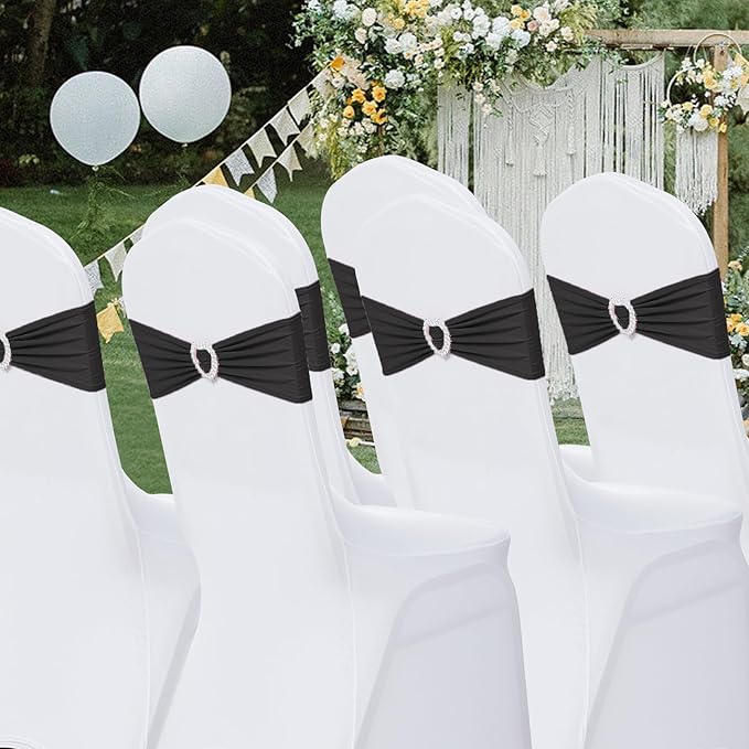 Howhic Pack of 30 Spandex Chair Sashes Bows Stretch Chair Cover Band with Buckle Slider Universal Elastic Chair Ties for Wedding Banquet Party Event Decoration (Black)