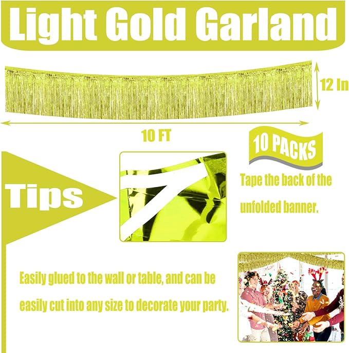 10 Pack 10 Feet Foil Fringe Garland Metallic Tinsel Streamers Banner Wall Hanging Curtain Backdrop for Parade Floats, Wedding, Disco, Birthday, Halloween, Christmas Party Decorations(Light Gold)
