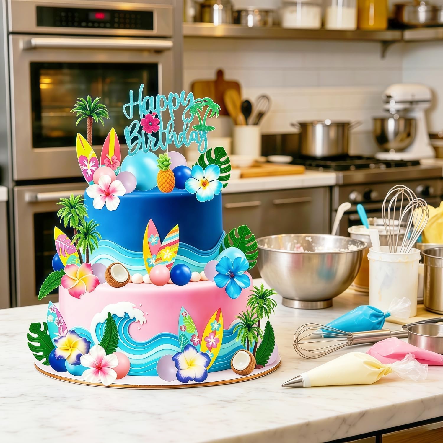 49 Pcs Hawaiian Cake Toppers, Summer Beach Cake Decoration with Surfs Flowers Leaves Coconut Trees Blue Pink Balls Cake Toppers for Birthday Party Supplies