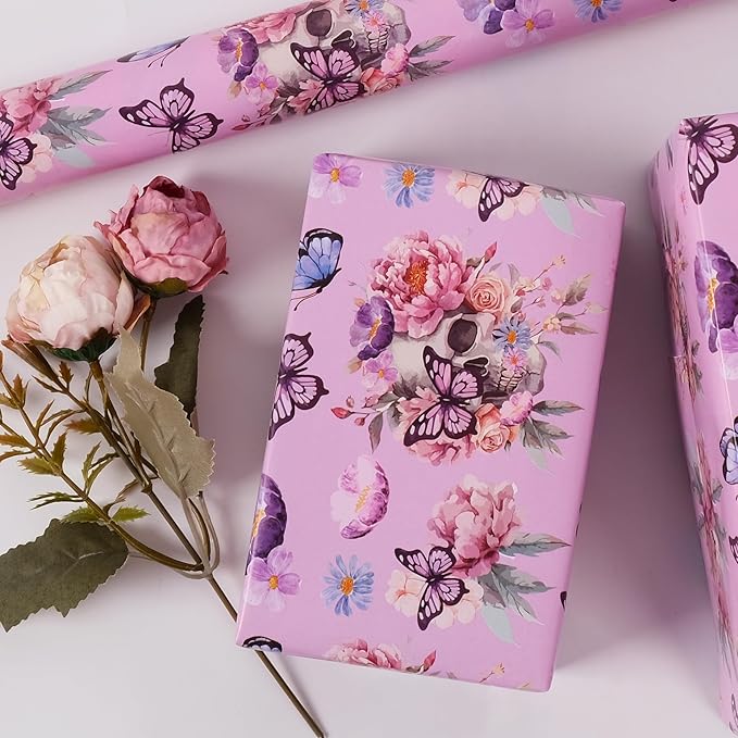 Aimyoo Gothic Wrapping Paper Roll, 17 Inch X 16.5 Feet Skull Floral Butterfly Design Gift Wrap Paper for Mother's Day, Birthday Bridal Shower